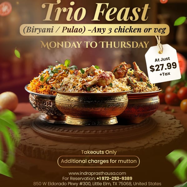 Three ornate bowls filled with vibrant Indian biryani and pulao, some with chicken pieces.