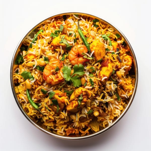 Indraprastha Indian Kitchen's shrimp and paneer biryani, garnished with green chilies and cilantro.