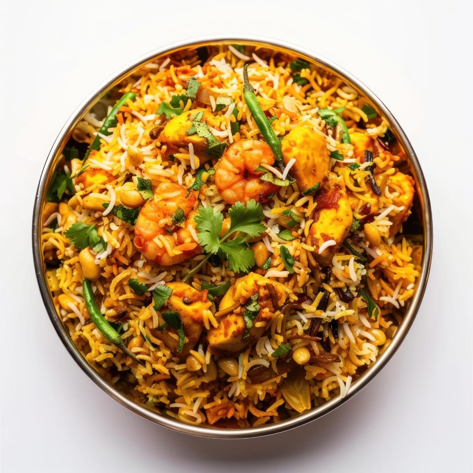Indraprastha Indian Kitchen's shrimp and paneer biryani, garnished with green chilies and cilantro.
