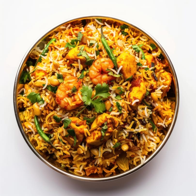 Indraprastha Indian Kitchen's shrimp and paneer biryani, garnished with green chilies and cilantro.