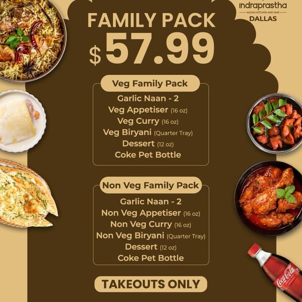 Indraprastha Indian Kitchen's family pack menu with images of biryani, naan, dessert, and curries.