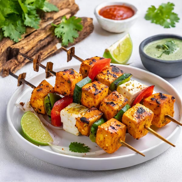 Grilled paneer tikka skewers with bell peppers, lime, and cilantro, served with two dipping sauces.
