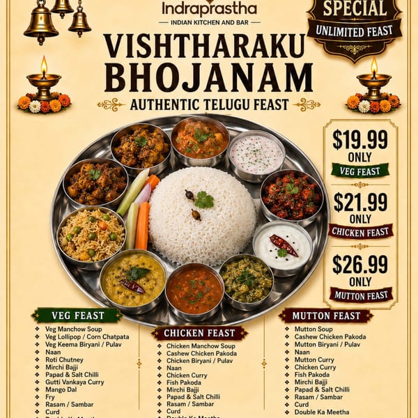 An Indian thali with rice, curries, and sides, advertising "Vistharaku Bhojanam" and feast options.