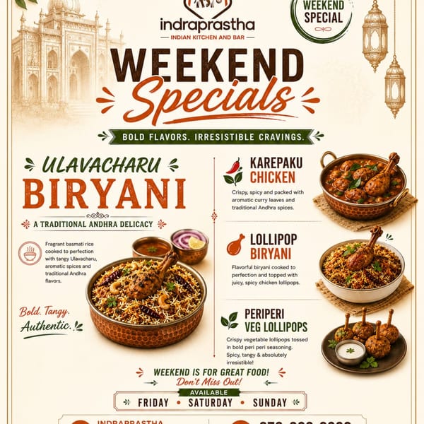 Indraprastha Indian Kitchen and Bar's Weekend Specials menu featuring various biryani and chicken dishes.